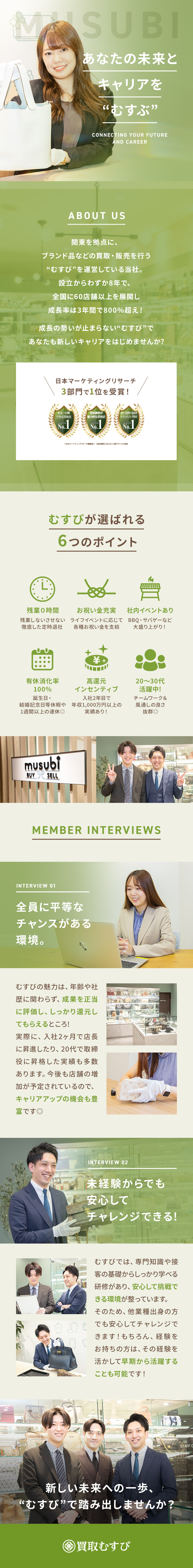 高成長｜3年で年商800％UP・8年目のベンチャー／早期昇格｜最短昇格2ヶ月・20代の取締役昇格実績有／高額インセン｜3ヶ月目で280万円の獲得実績あり／株式会社むすび