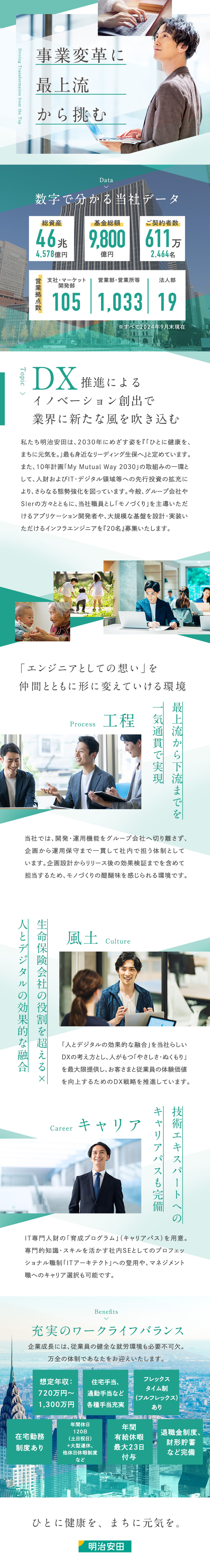 【安定性】明治安田の安定基盤／福利厚生充実／【成長】一気通貫の工程／IT専門キャリアパス完備／【環境◎】年休120日＋α／フレックス・在宅勤務有／明治安田生命保険相互会社