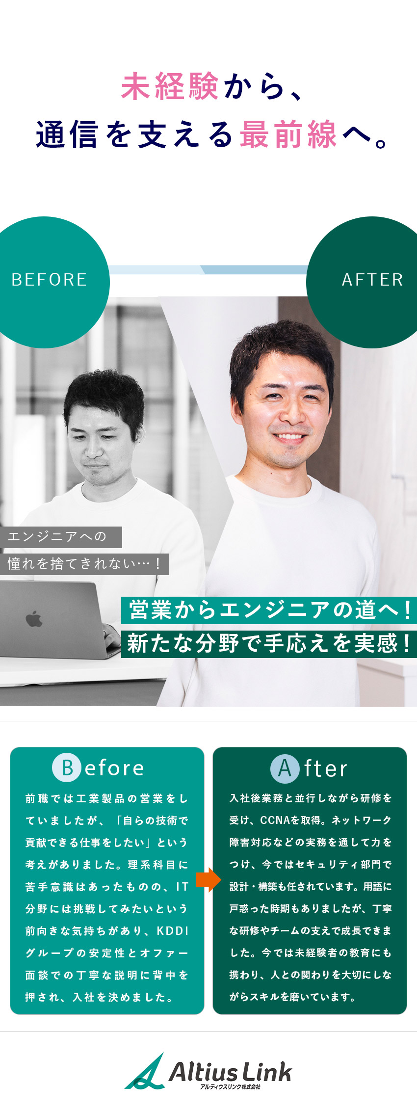 【働きやすさ】年間休日123日／完全週休2日制／【安定基盤】KDDI・三井物産共同出資の会社／【福利厚生】有休取得率76.8％／OJTも充実／アルティウスリンク株式会社(KDDIグループ)