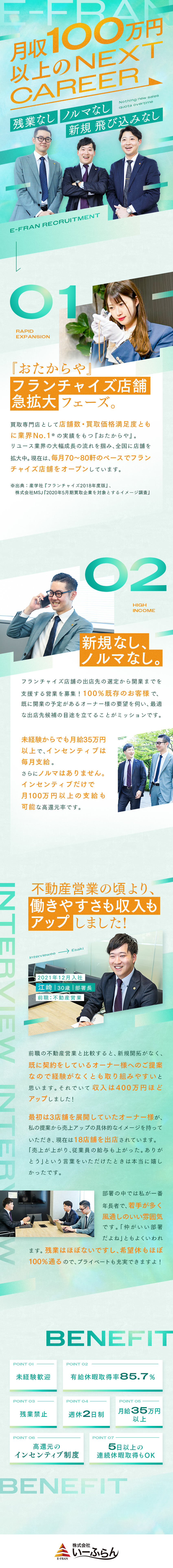 【100%既存】飛び込みなし／ノルマなし／【高収入】月35万円～＋毎月インセンティブあり／【働きやすさ】残業月10時間／有休取得率85.7%／株式会社いーふらん