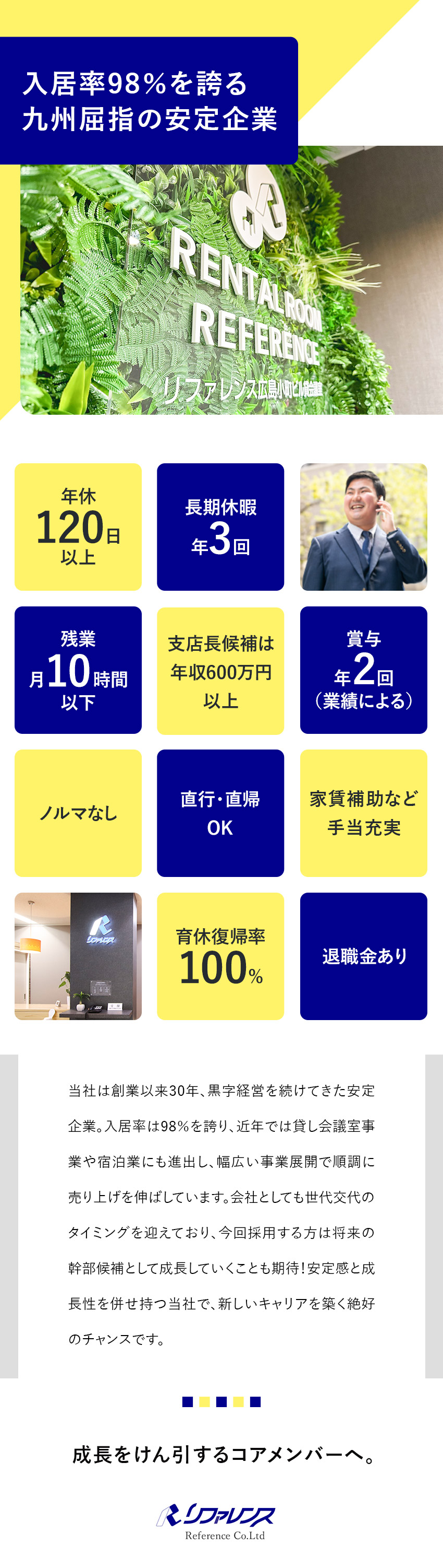 【安定◎】30期連続黒字経営／入居率98％！／【働き方◎】年休120日／残業月10時間以下／【待遇◎】賞与年2回／資格手当・退職金など手当充実／株式会社リファレンス