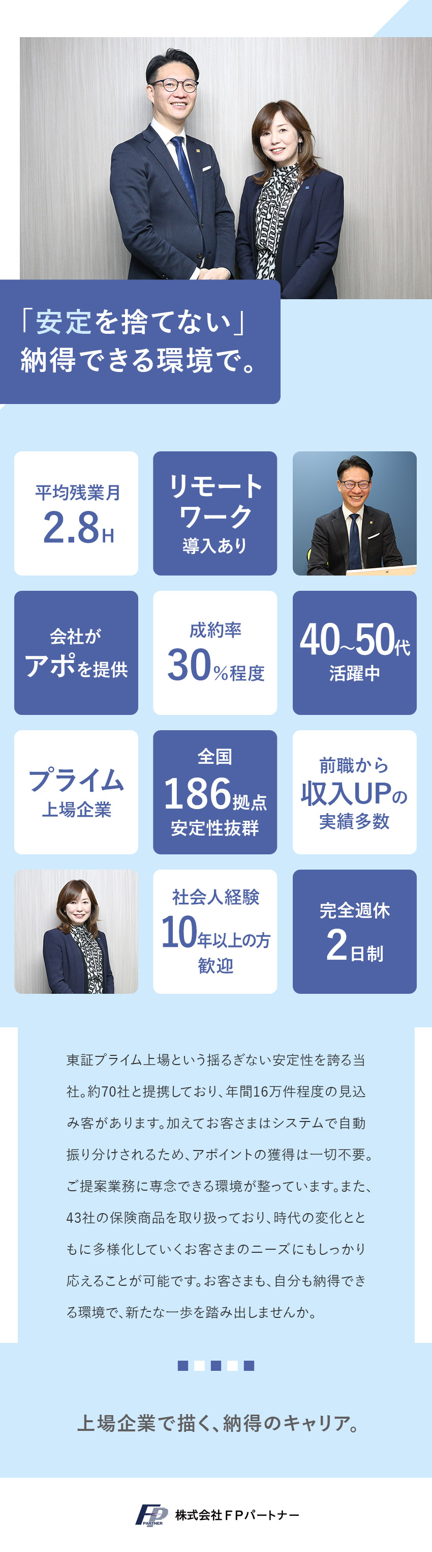 【安定性】全国186拠点を構えるプライム上場企業／【40～50代活躍中】手厚いサポートで売れる営業に／【環境】アポ提供／成果は報酬へ反映＆収入アップ／株式会社ＦＰパートナー【プライム市場】