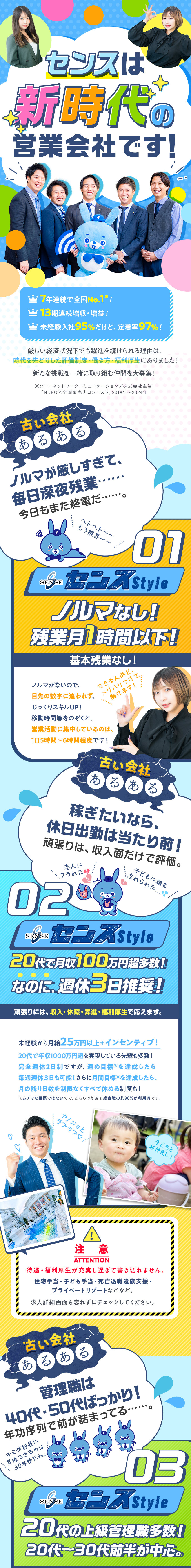 時代を先どりした福利厚生／週休3日や月末5連休も可／業界No.1なのに95％未経験入社／★全員面接★／1人ひとりに合わせた充実の研修で社員定着率97％☆／センスグループホールディングス株式会社