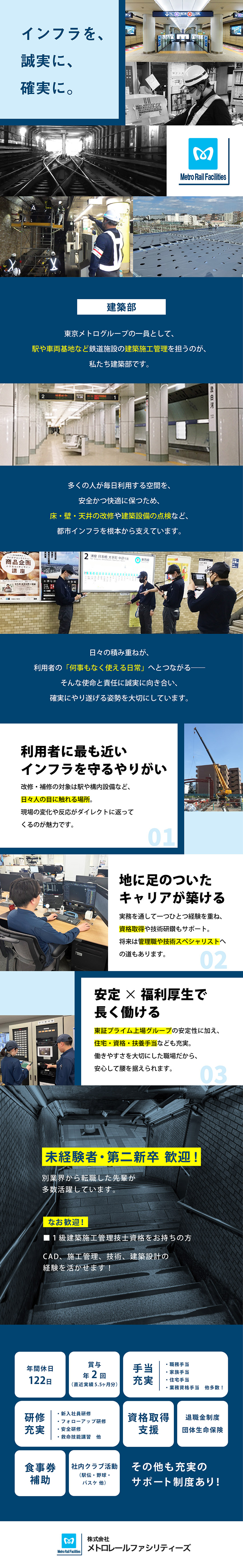 東京メトロの安全と快適を支える社会貢献性の高い仕事／働き方メリハリ◎週平均労働時間38h未満／4週8休／年平均有給取得19日以上／各種手当も充実！／株式会社メトロレールファシリティーズ(東証プライム　東京メトログループ)