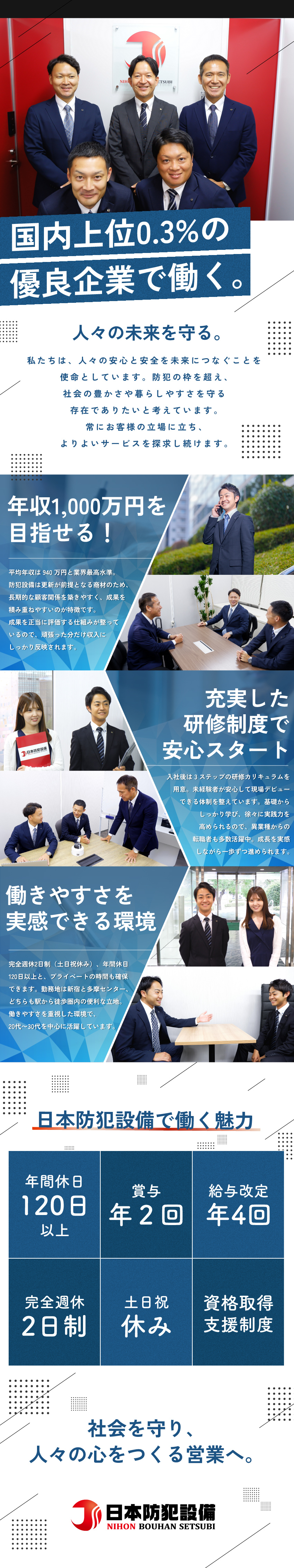 業界最高水準！平均年収940万円／2024年度実績／安定感抜群！国内上位0.3％に入る優良企業に認定／未経験歓迎！手厚い研修で安心スタート！／株式会社日本防犯設備