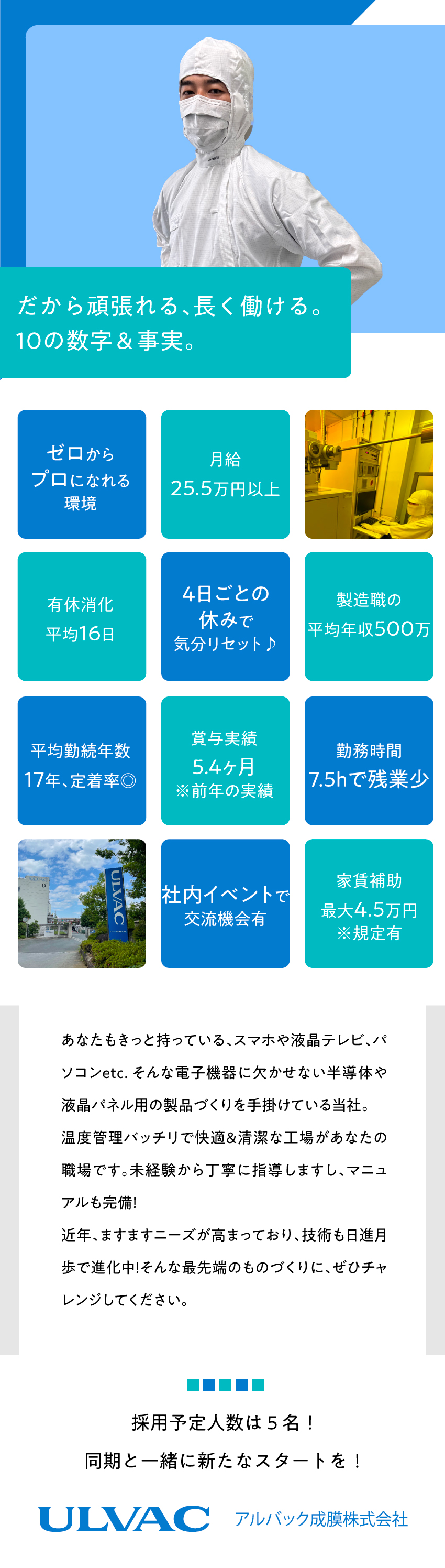 定着率抜群！最先端分野に関わる安定企業です。／平均年収500万！車・マイホームをGETした人多数／4日ごとの休み、残業ほぼ無しでゆとりの勤務体制／アルバック成膜株式会社(株式会社アルバックグループ)