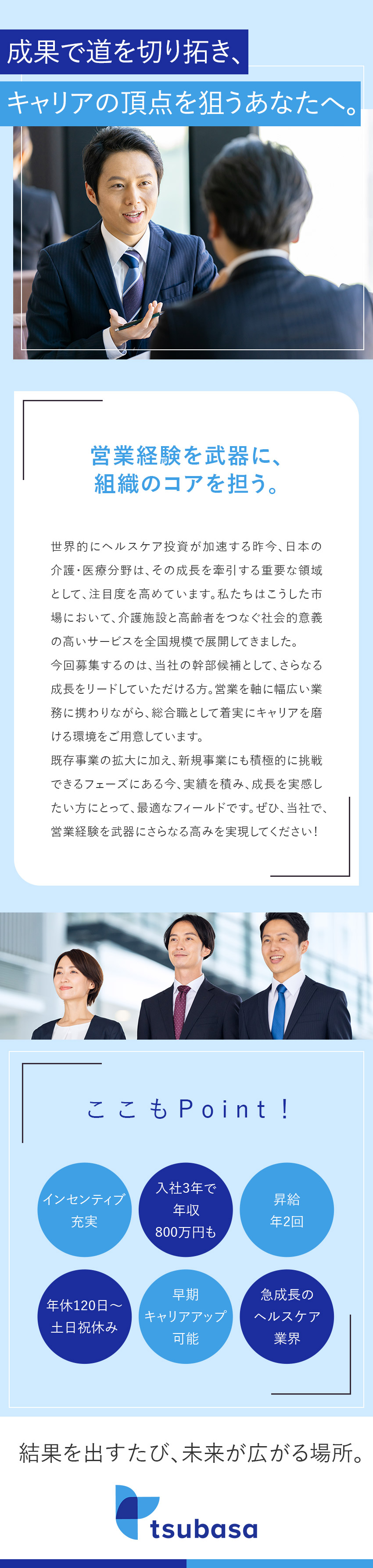 【働き方】土日祝休／年休120日～／過度な残業なし／【待遇】インセンティブ充実／年収例800万円も／【昇進】幹部候補／早期キャリアアップが実現可能！／株式会社つばさメディカルグループ
