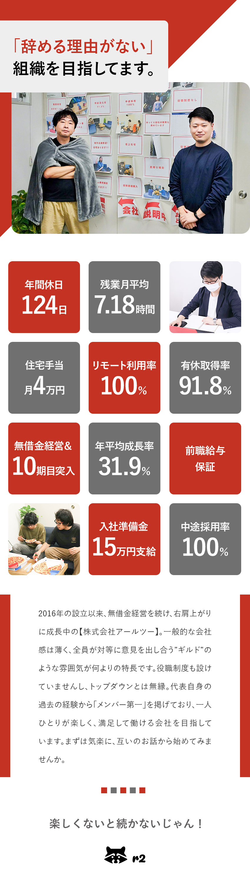 ★設立から無借金経営を継続！右肩上がりに業績成長中／★少人数かつフラットな関係／「メンバー第一」の社風／★年休124日／残業月平均7h／住宅手当月4万円／株式会社アールツー