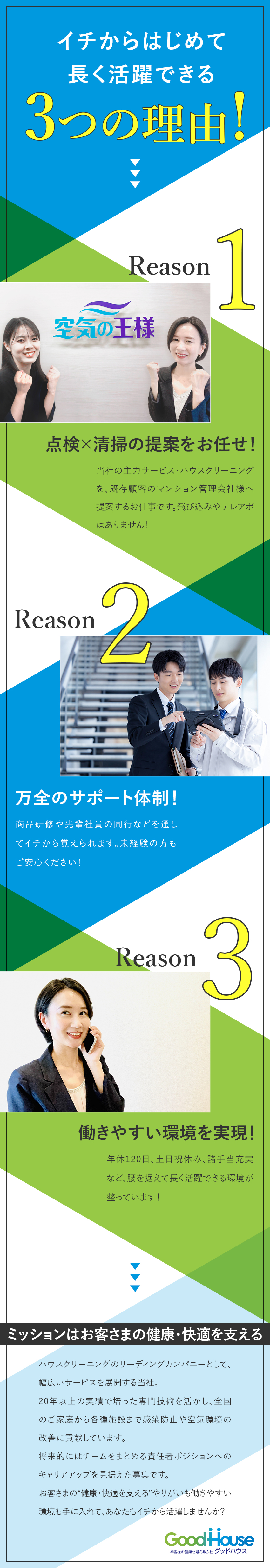 【成長◎】点検×清掃で魅せる／技術力で事業拡大中／【やりがい◎】頑張り次第で早期キャリアアップ可能！／【待遇◎】土日祝休／月給30万円～／残業月10h／株式会社グッドハウス