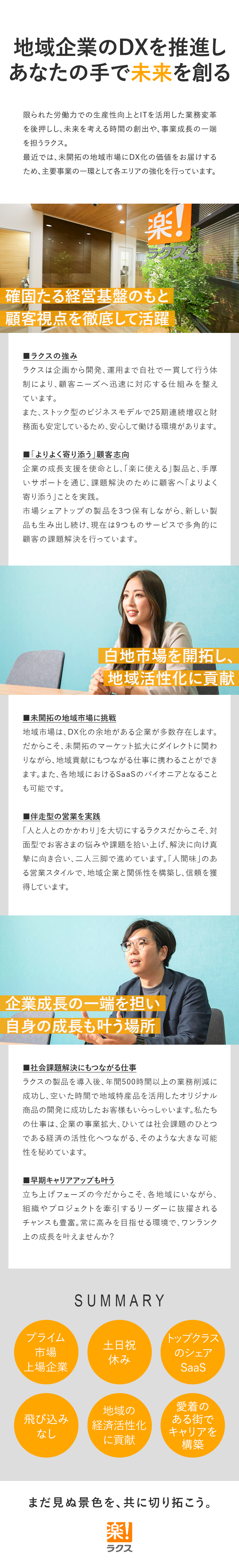 社会貢献性の高さ◎地域のDX化や業務改革を推進！／白地市場を開拓◎地域におけるSaaSのパイオニアへ／キャリアUP◎早期から組織を牽引する存在を目指せる／株式会社ラクス【プライム市場】