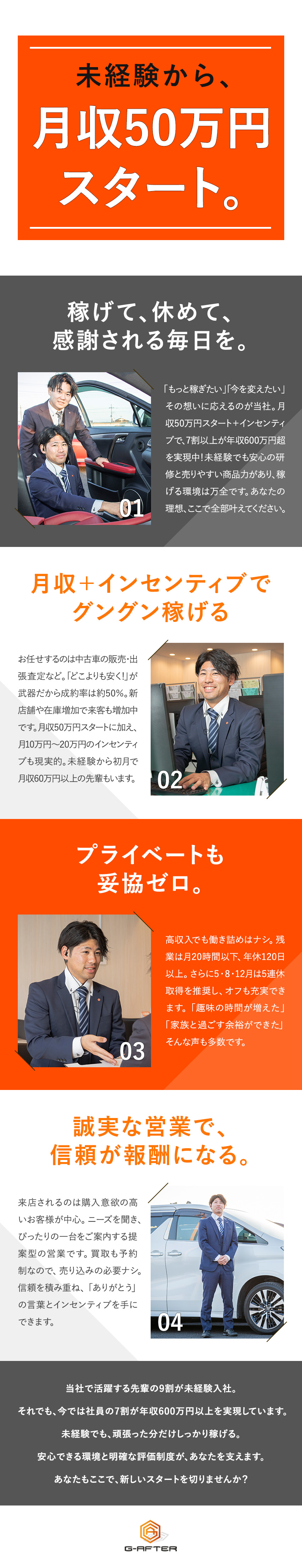 先輩の9割が未経験◆丁寧な研修＆100％反響型営業／月収50万円スタート◆複数インセンティブで稼げる！／働きやすい環境◆残業月20h以下＆実質年休120日／株式会社ジーアフター