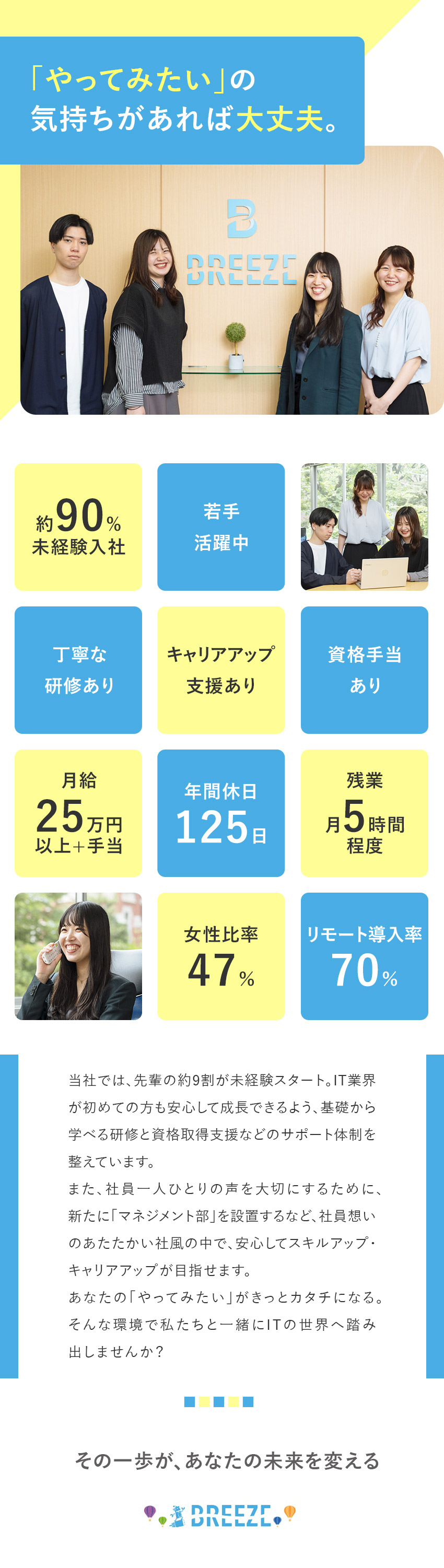 成長できる環境でITキャリアをスタートしよう！／13日間の研修／サポート体制あり／年休125日／一人一人が楽しく仕事をすることが組織の成長へ繋がる／株式会社ブリーズシェアード