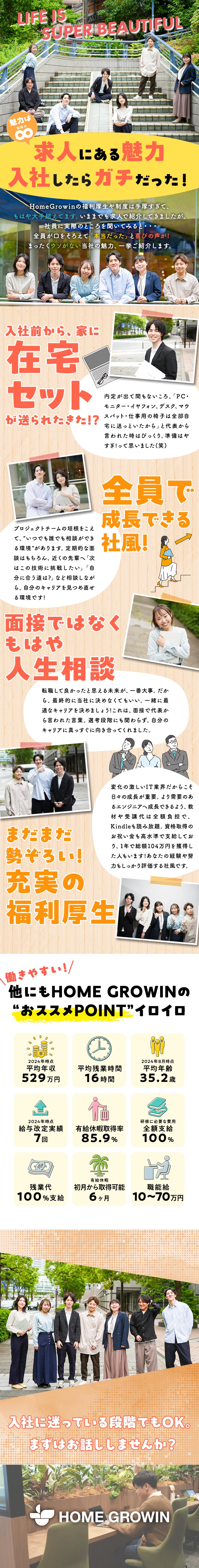 【必ずチームでアサイン】仲の良い職場環境に定評有♪／【残業代全額支給】社員の貢献は絶対に見逃しません！／【社歴10年以上の30代多数】働きやすさに定評有♪／株式会社ＨｏｍｅＧｒｏｗｉｎ