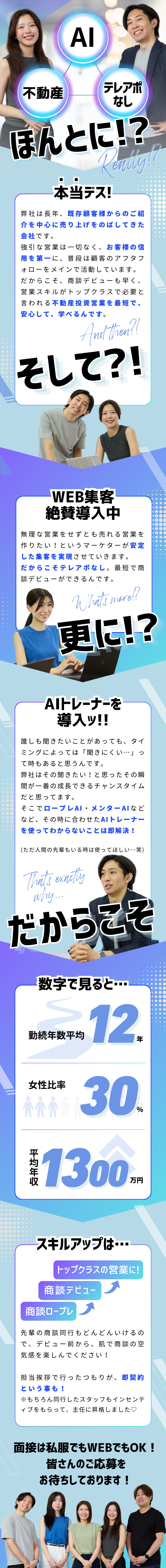 完全未経験OK｜研修制度が充実＆AIトレーナー導入／売りやすい仕組み｜テレアポなし、既存顧客への提案／誰もが高収入｜2年目700万円、3年目1000万円／株式会社プロパティユース