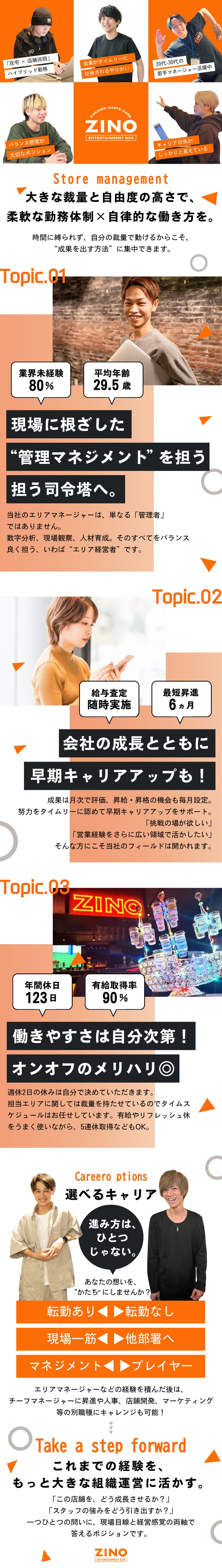 ★全国に出店を計画中／成長を支える中心メンバーへ／★数字だけではない、現場に寄り添う店舗づくり／★キャリアアップを目指せる／月給40万円～スタート／株式会社ＺＩＮＯ