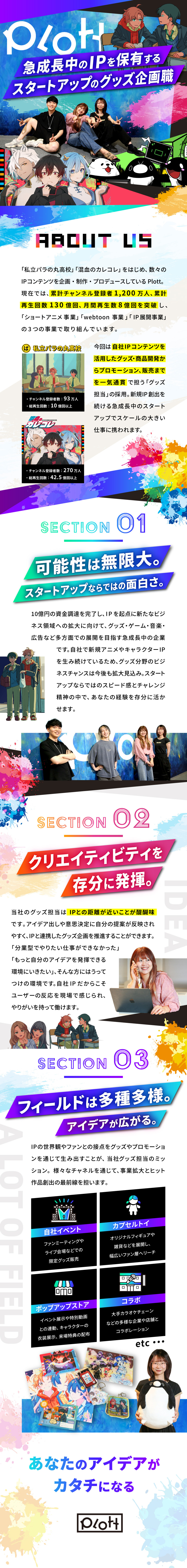 【ヒット作多数】チャンネル登録累計1200万人超！／【オタク活躍】アイドル・アニメ、あなたの好きが輝く／【裁量◎】戦略立案から販売まで一貫して担当／株式会社Ｐｌｏｔｔ