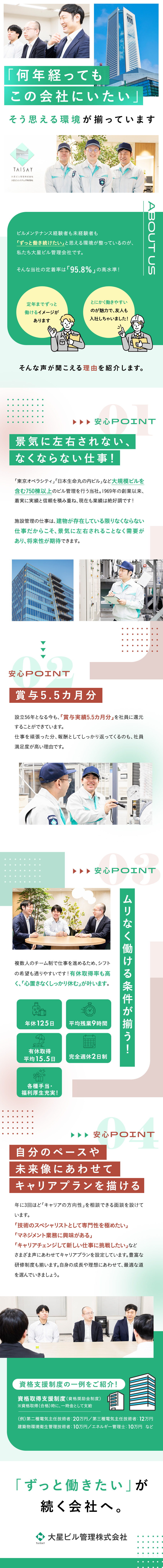 【待遇】手当充実／賞与5.55カ月分／年休125日／【安定】設立56年／定着率95％／大規模ビルを担当／【働きやすさ】研修充実／資格取得支援／残業少なめ／大星ビル管理株式会社