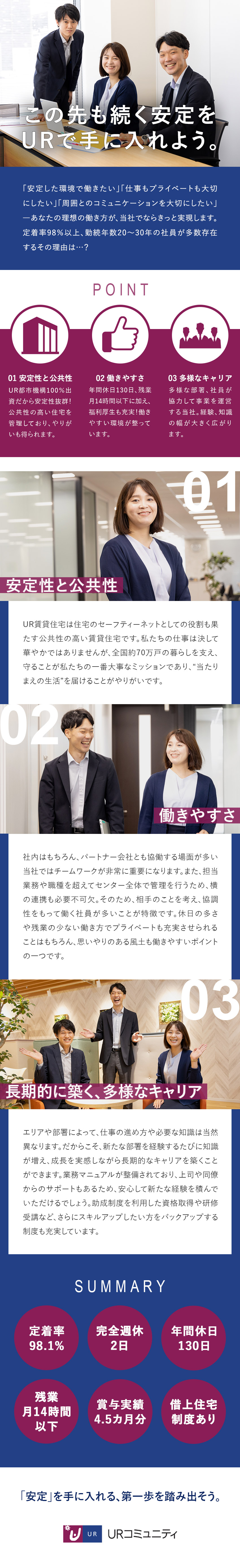 UR都市機構100％出資◎安定基盤、充実の福利厚生／年間休日130日／残業少◎ワークライフバランス抜群／定着率98.1％！長く活躍し成長し続けられる環境／株式会社URコミュニティ(UR都市機構100％出資企業)