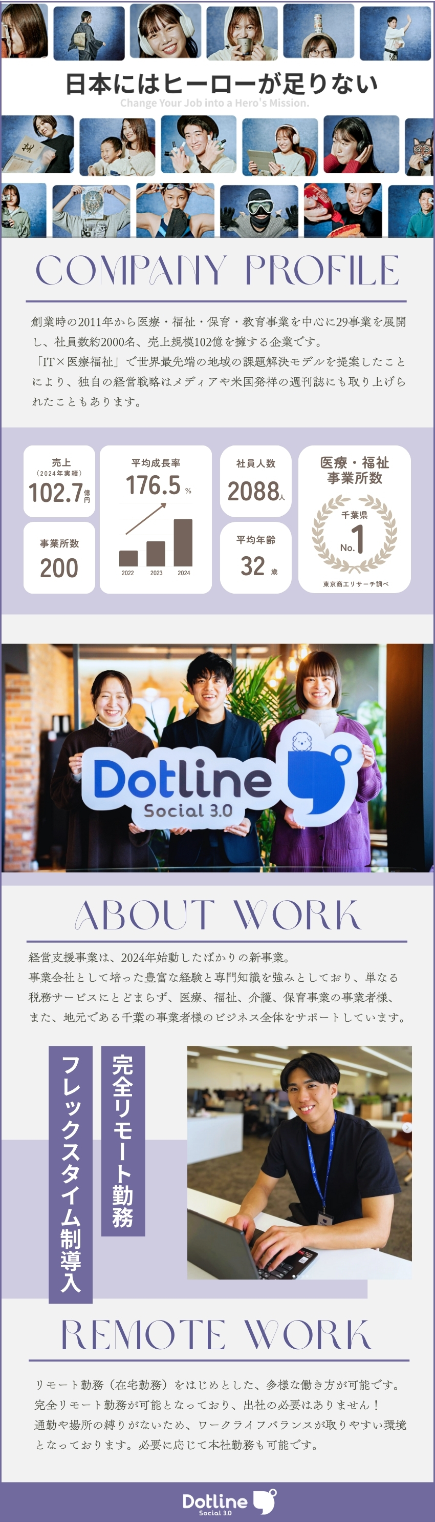 【働き方】フルリモート勤務も可！月残業10h未満／【福利厚生】e-leaning研修・退職金制度／【安定企業】設立以来業績3桁成長！成長率176％／株式会社ドットライン