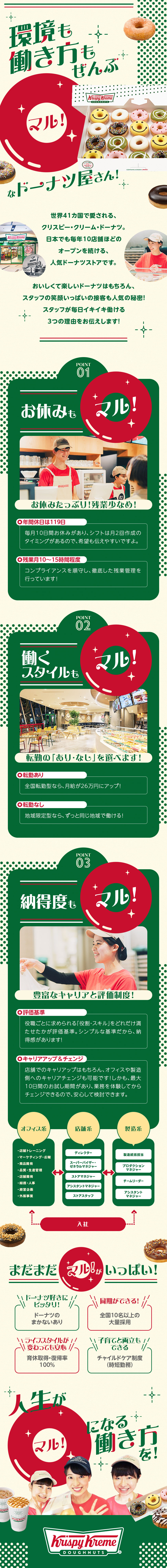 ＜キャリア＞最短1年で店長昇格！本部職等も挑戦可！／＜働きやすさ＞残業少なめ＆諸手当充実＆時短あり／＜安定基盤＞世界41カ国・17500以上の販売拠点／クリスピー・クリーム・ドーナツ・ジャパン株式会社