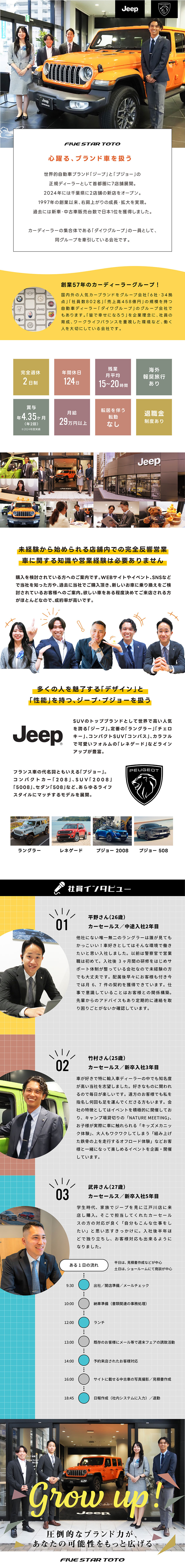 【月給29万円以上】店舗内での完全反響型の営業です／【未経験者歓迎】メーカー研修やOJTでじっくり育成／【年休124日】完全週休2日／昨年賞与4.35ヶ月／株式会社ファイブスター東都【ジープ / プジョー 正規ディーラー】