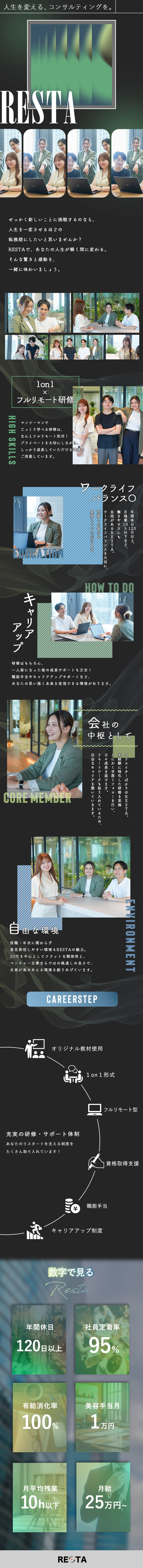 自分のペースで成長できる！1on1フルリモート研修／年休120日以上＆月残業10h以下…プライベートも／美容手当、英会話！？ちょっと特別な福利厚生アリ◎／株式会社ＲＥＳＴＡ