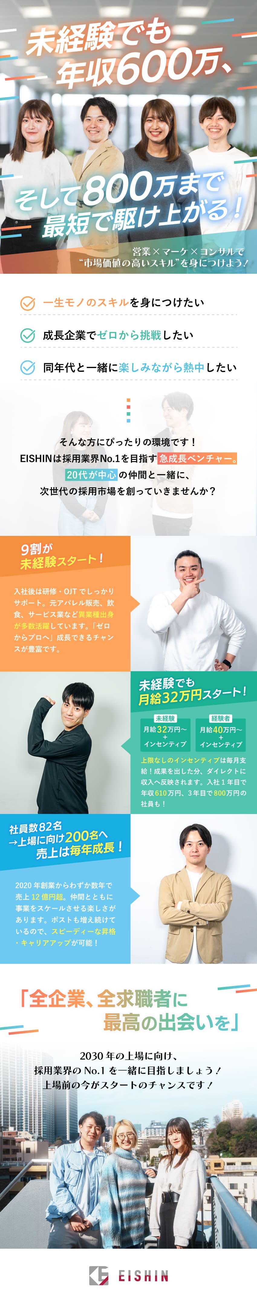 ■福利厚生充実／自由×裁量×安心の両立／■社内制度多数／服装髪型自由／社内外部活動活発／■有給取得率97％／年休127日／産育休男女実績有／株式会社ＥＩＳＨＩＮ