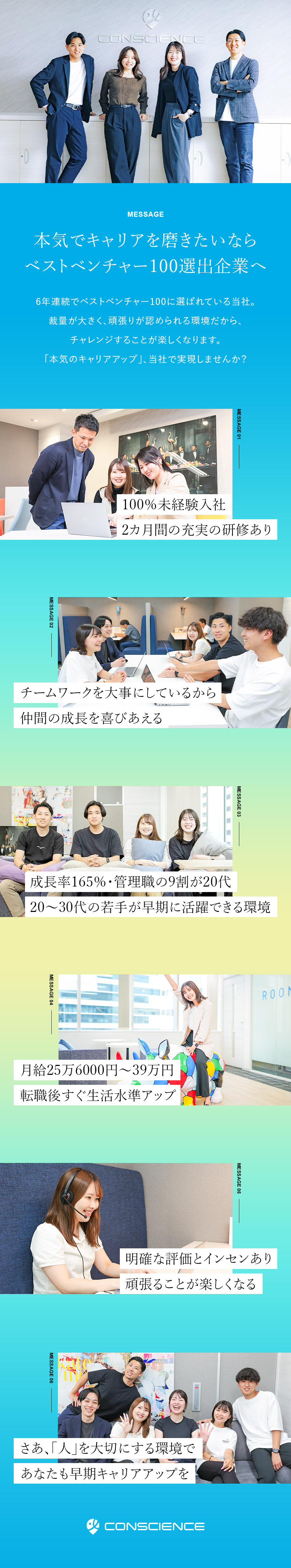 成長率165％！ベストベンチャー100選出企業／研修２カ月！未経験歓迎＆社会人デビューもOK／早期キャリアアップ！役職者の約9割が若手社員／株式会社ＣＯＮＳＣＩＥＮＣＥ