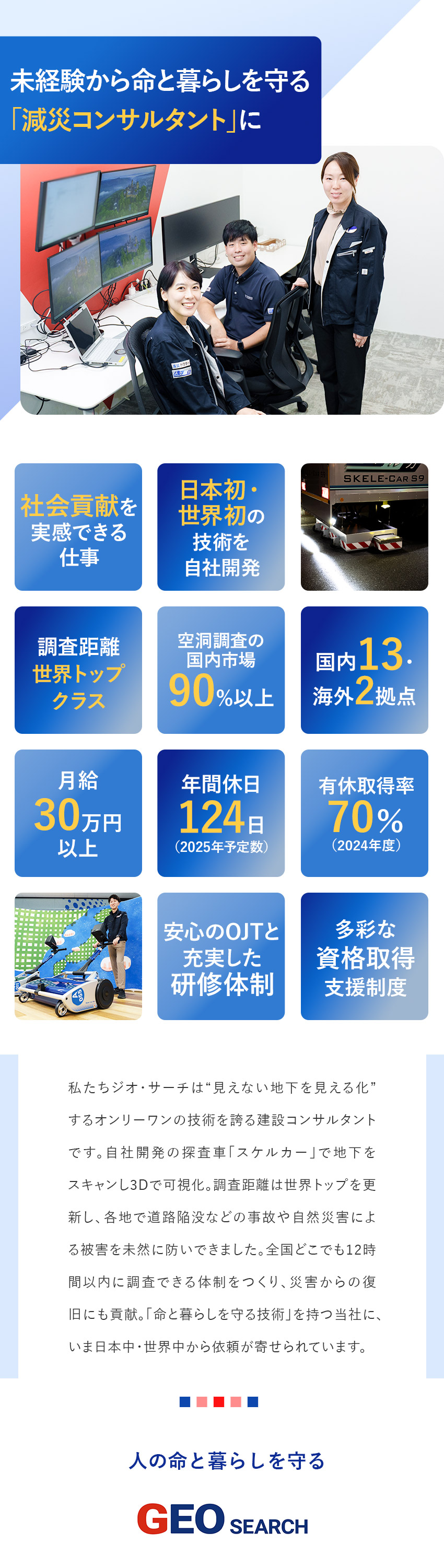 【世界トップクラスの調査技術】防災・減災に貢献／【未経験から育成】高水準の調査技術を充実研修で習得／【年間休日124日】フレックスなど柔軟な働き方／ジオ・サーチ株式会社