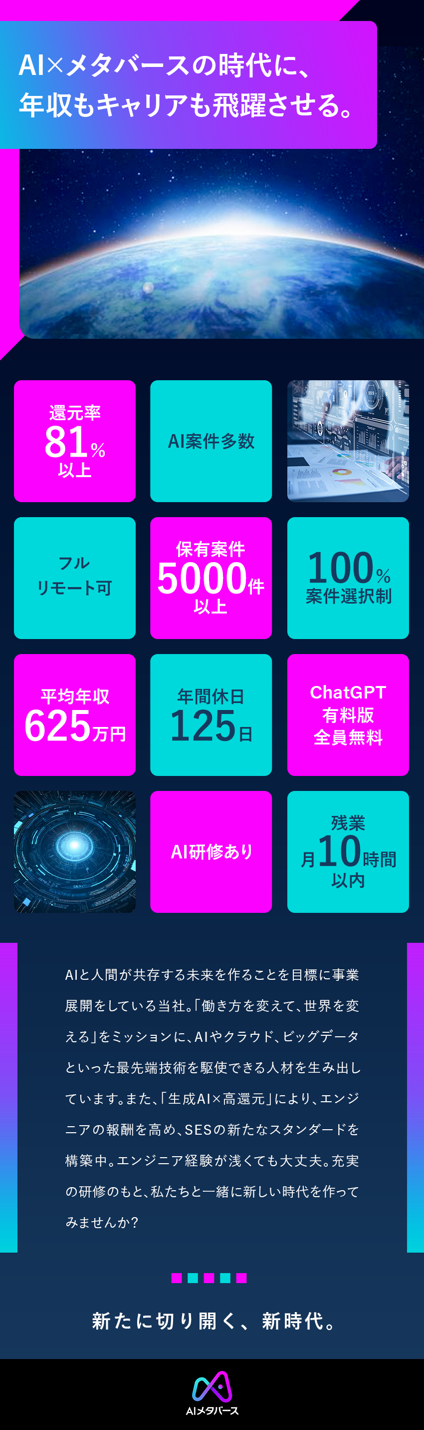 全エンジニア対象のAI研修で実践的なスキルを習得／ChatGPT有料版を全員に無料付与、業務効率向上／実践的なAI案件への参画機会で市場価値を向上／株式会社ＡＩメタバース