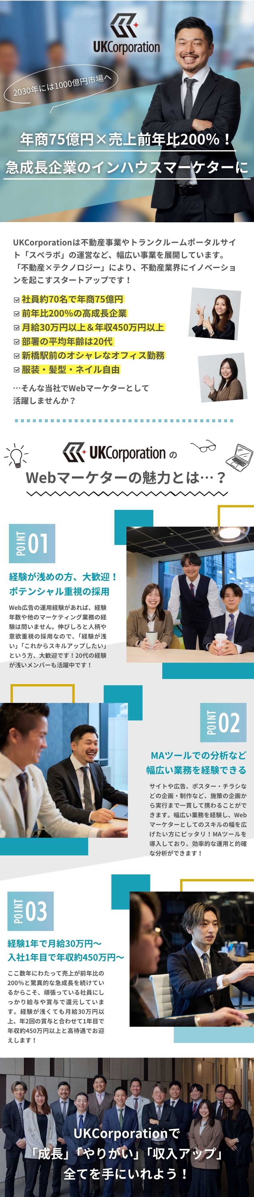 【経験1年でもOK】Web広告運用経験を活かせる！／【想定年収450万円以上】月給30万～＋賞与年2回／【70名で売上75億円】急成長中のサービスを支える／株式会社UKCorporation