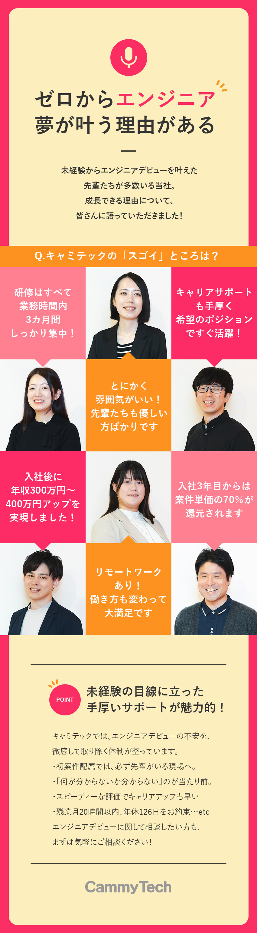 【ほぼ全員未経験入社】実務なしの研修3カ月をご用意／【早期に上流工程へ】大手企業中心の案件で活躍／【社員定着率95％】年休126日／リモート95％／株式会社キャミテック