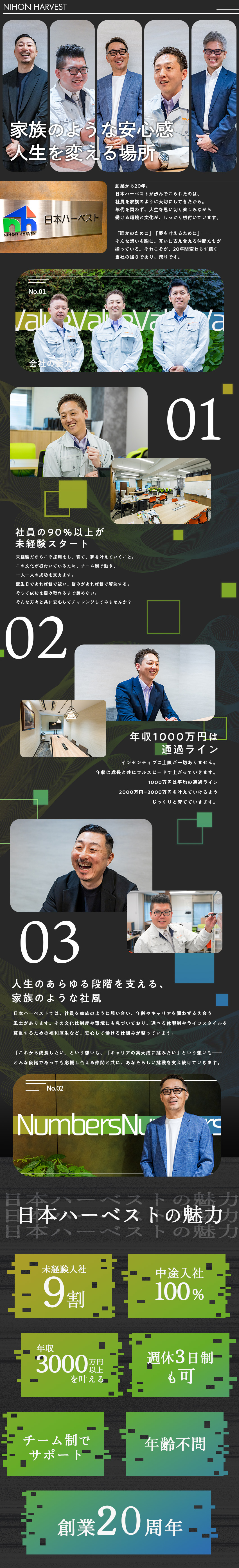 年齢・経験不問│ゼロから育てる安心のサポート体制！／安定＆待遇│月給35万円～＆年収3000万円超も！／オフも大事に│完休2日～＋家族の時間もしっかり確保／株式会社日本ハーベスト