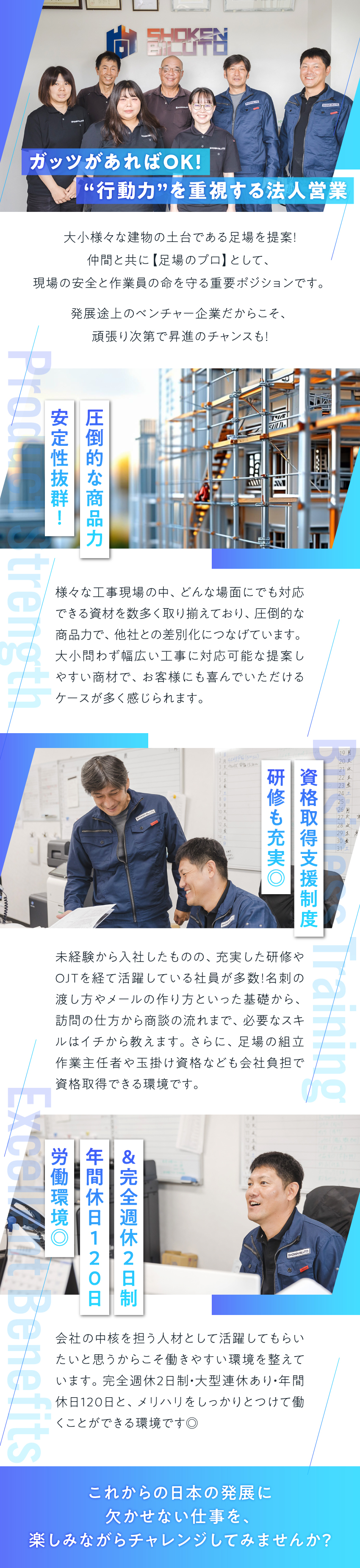 ＜安定基盤＞資材保有数は業界TOPクラス／＜収入安心＞賞与年3回・月給30万円～の高待遇／＜労働環境◎＞年間休日120日&完全週休2日制／株式会社尚建ビルト