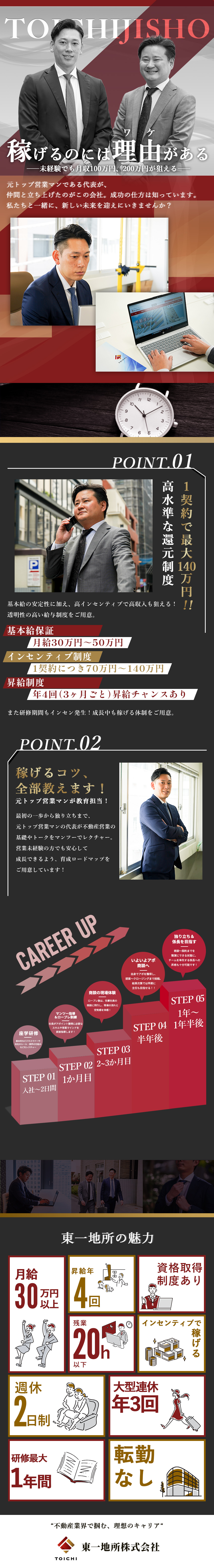 【高収入】基本給保証あり！月給30万円～／【研修制度】元トップ営業マンの代表から直接教育！／【人柄採用】共に未来を創る”新しい仲間”に／東一地所株式会社
