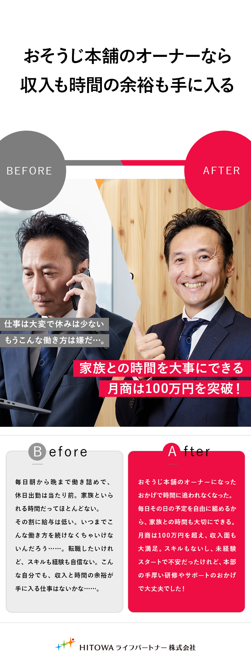 【FCオーナー】平均月商107万円！充実サポート有／【未経験歓迎】20代～60代まで幅広い年代が活躍中／【裁量大】勤務時間や業務量は自由に調整OK／【おそうじ本舗】ＨＩＴＯＷＡライフパートナー株式会社