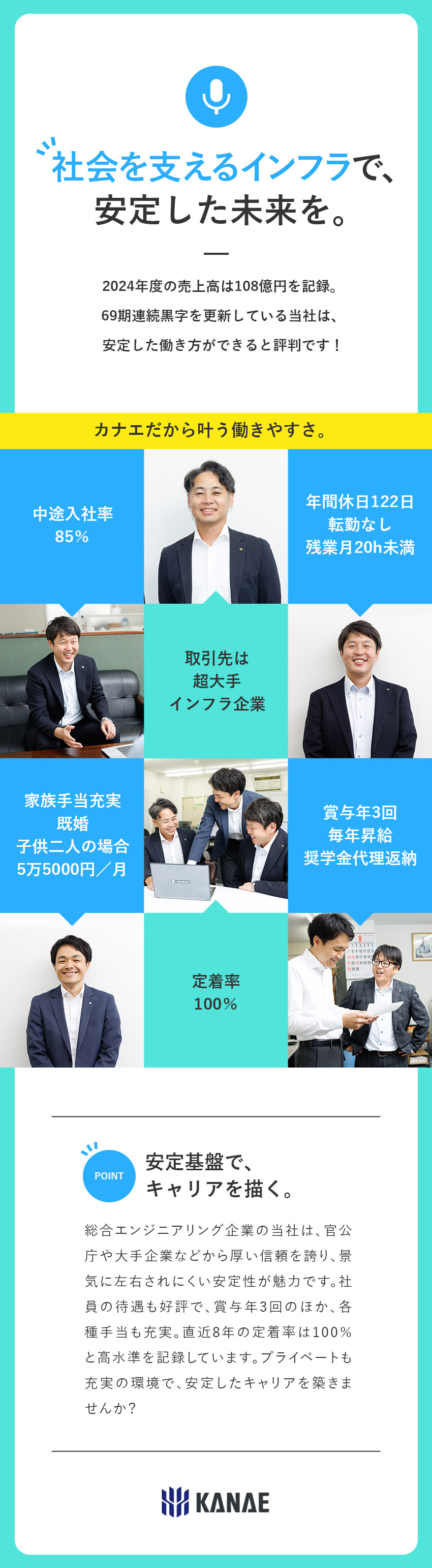 【安定性】69期連続黒字経営／売上高108億円／【未経験歓迎】大手インフラ企業と共に地域社会へ貢献／【働きやすさ】転勤なし／手当充実／残業少／土日祝休／株式会社カナエ