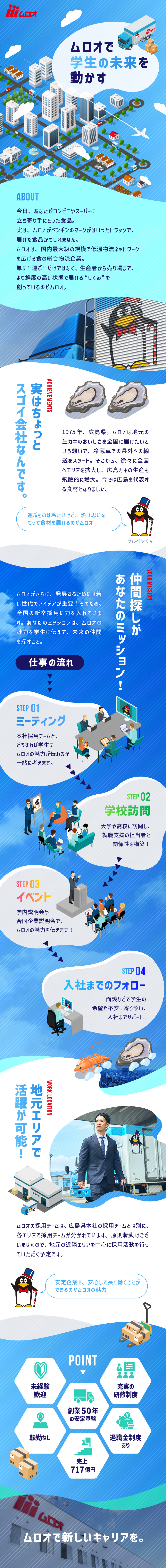 【未経験歓迎】独り立ちまで充実のサポート制度／【安定性◎】食品物流業界のリーディングカンパニー／【働きやすさ◎】原則定時退社／地元エリアで活躍／株式会社ムロオ