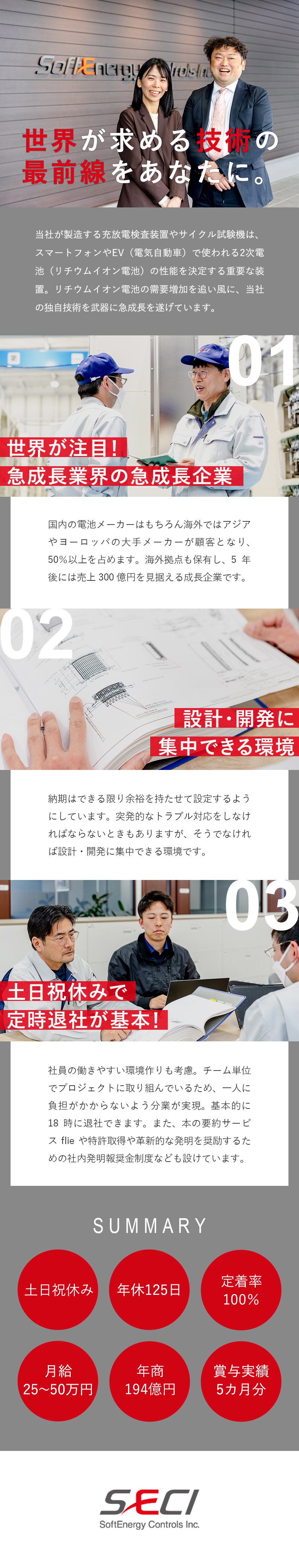 2009年創業の充放電検査装置大手／年商194億円／定着率100％／働きやすさ抜群の環境で成長が叶う／年休125日／昨年度賞与実績5カ月分／転勤なし／株式会社ソフトエナジーコントロールズ