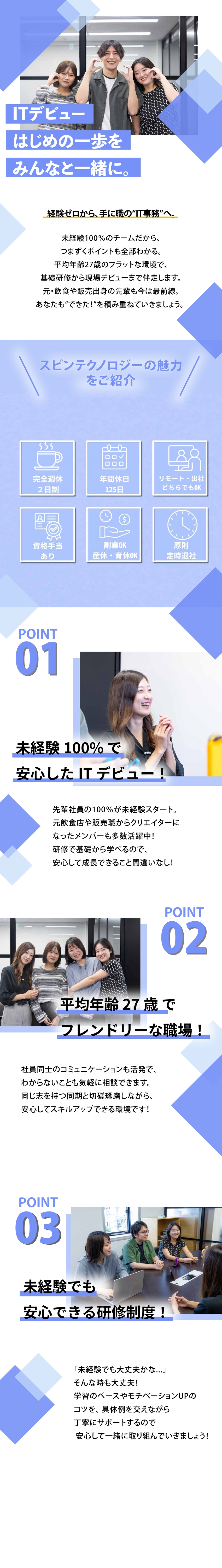 【未経験OK◎】未経験から活躍できる手厚い研修！／【職場環境】同世代と青春を再スタート！／【キャリアアップ】努力がしっかり評価される！／株式会社ＳＰＩＮ　ＴＥＣＨＮＯＬＯＧＹ