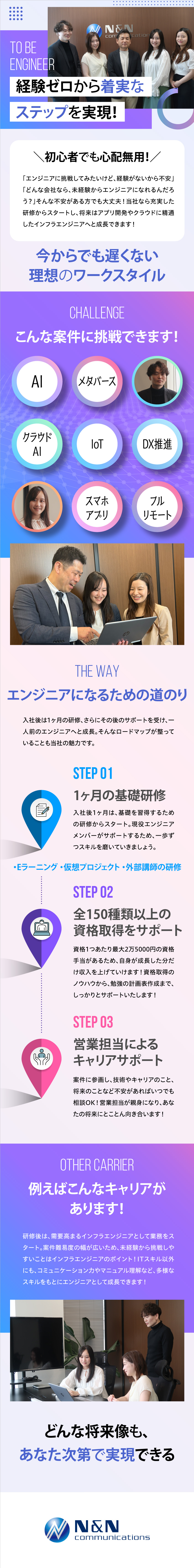 【成長】1ヶ月の研修＆150種類の資格取得支援／【労働環境◎】年休125日＆土日祝休＆基本定時退社／【未経験歓迎】経験ゼロからエンジニアを目指せる／エヌアンドエヌコミュニケーションズ株式会社