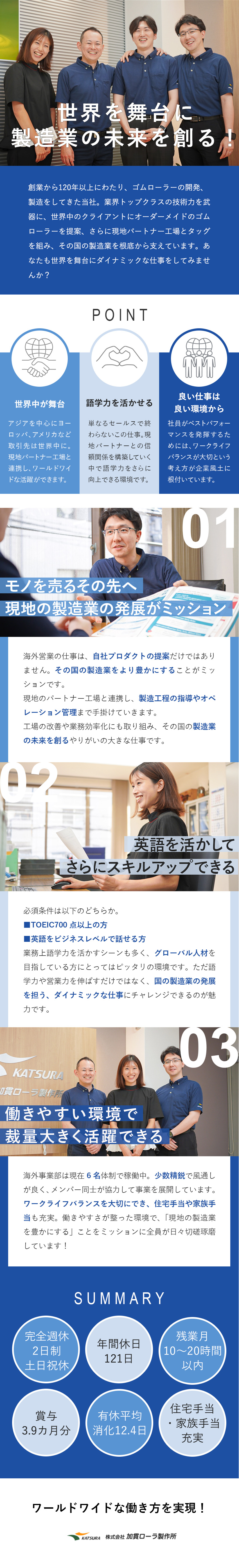 ＜語学力を活かす＞海外をクライアントに持つ営業職／＜海外出張＞現地に足を運びパートナーと連携／＜労働環境◎＞年休121日＆完全週休2日制／株式会社加貫ローラ製作所