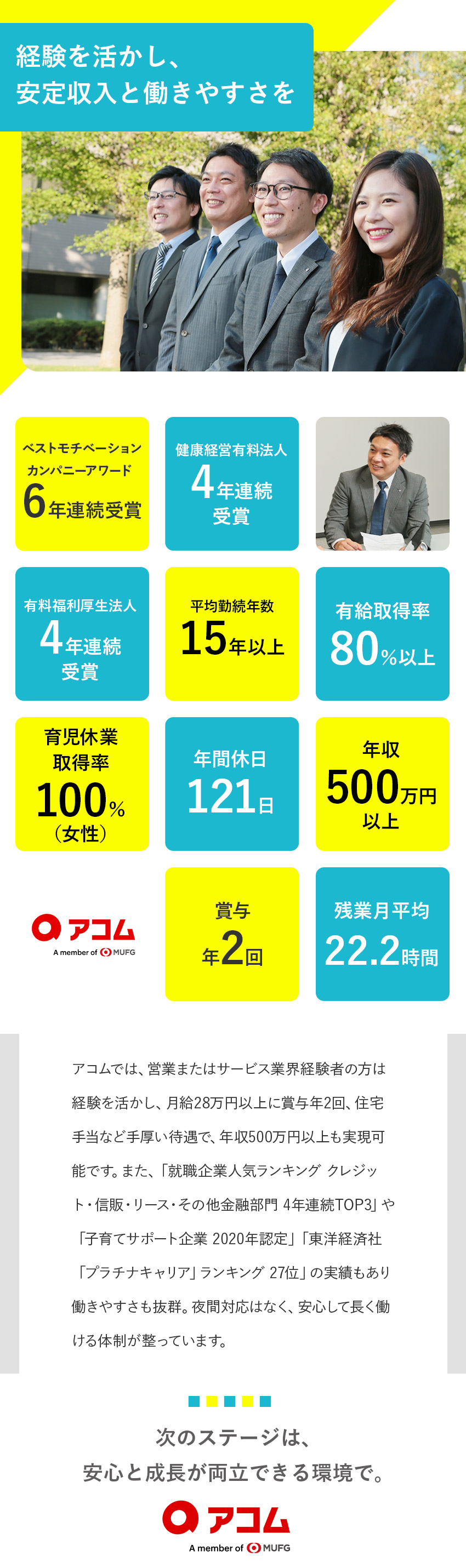 年休121日／完全週休2日制／残業月平均22.2h／賞与年2回／住宅手当／退職金／確定拠出年金など充実／「健康経営有料法人・有料福利厚生法人」4年連続受賞／アコム株式会社【スタンダード市場】(三菱ＵＦＪフィナンシャル・グループ（ＭＵＦＧ))