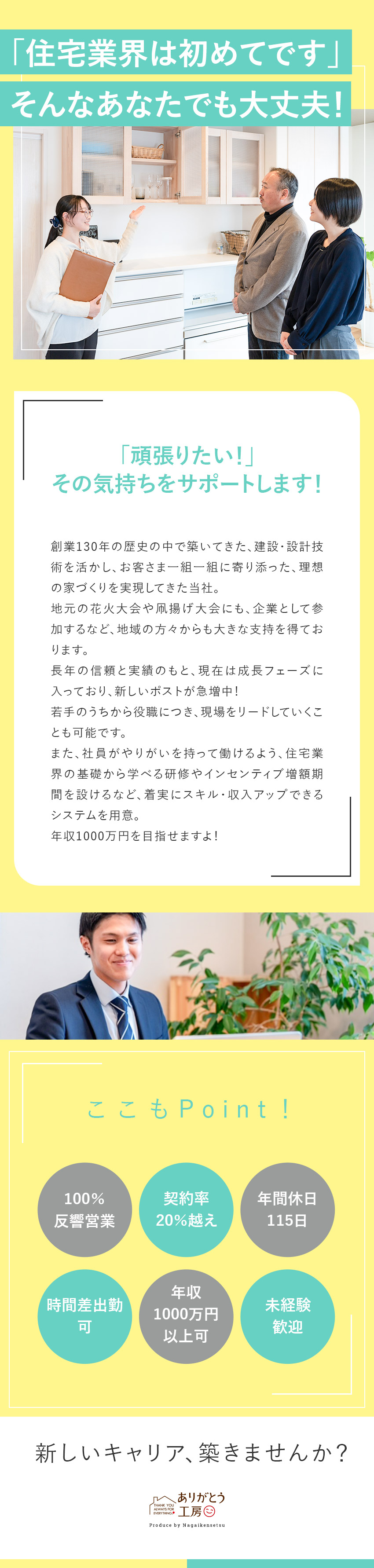 完全反響営業◎創業130年以上／来店型反響営業のみ／未経験歓迎◎未経験でも年収1000万円OK！／働き方◎時差出勤可／完休週2日／株式会社永井建設