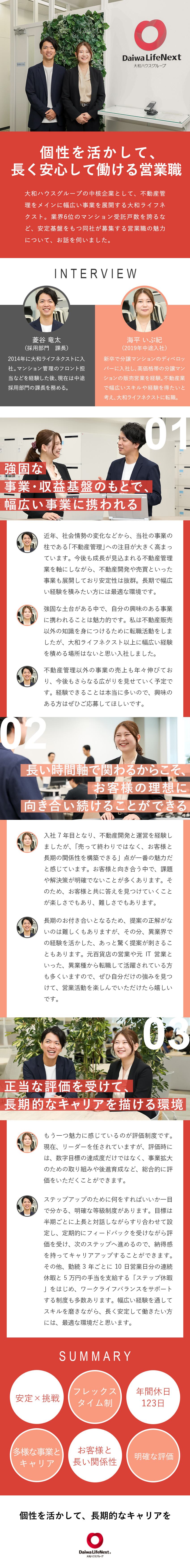 【安定性】大和ハウスグループの中核企業／【評価】明瞭な評価制度・職級に合わせ待遇UP／【環境】フレックス／直行直帰可／年間休日123日／大和ライフネクスト株式会社(大和ハウスグループ)