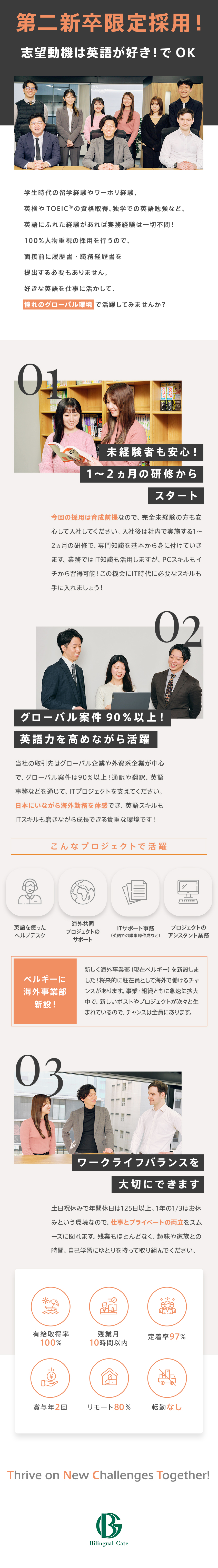 業界未経験入社8割！第二新卒の方が多数活躍中♪／書類の提出不要！簡単なフォーム回答のみの選考★／土日祝休／年休125日／リモート80％／転勤なし／株式会社バイリンガルゲート