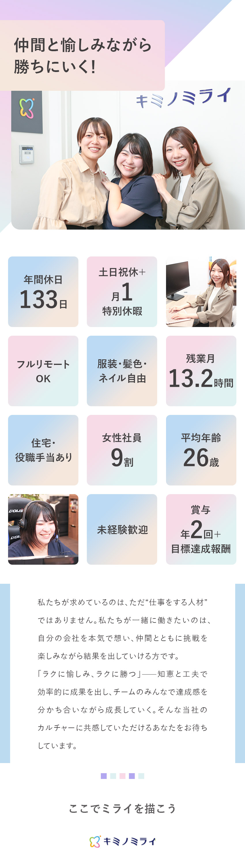 【ミライをつくる】求職者の想いに寄り添い転職を支援／【20代中心】一緒に頑張れるチームで日々成長／【働き方も◎】年休133日、残業13.2h、在宅可／株式会社キミノミライ