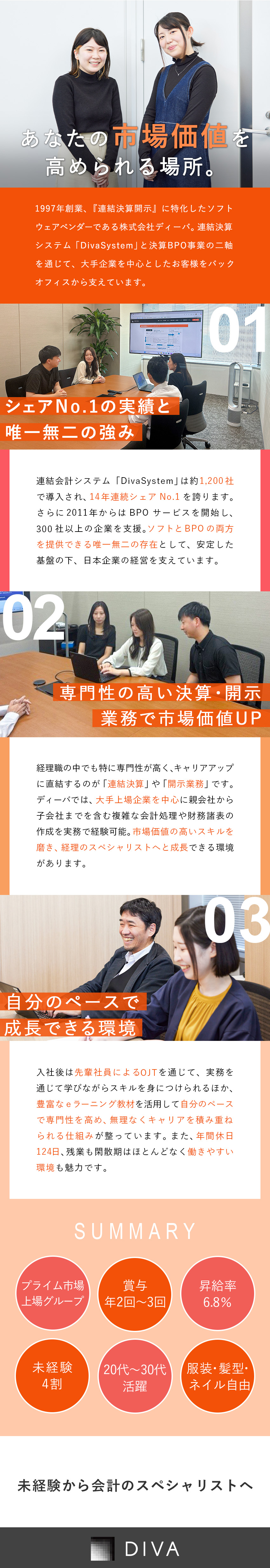 【成長環境】未経験から決算業務の経験を積める／【安定基盤】プライム市場上場のアバントグループ／【働きやすさ】年休124日／残業20h／若手活躍／株式会社ディーバ(アバントグループ)