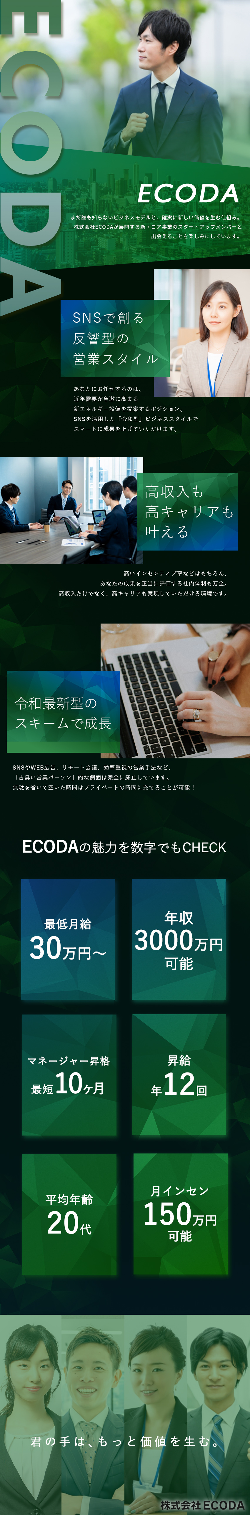 年収2000万超＊高インセン＆毎月昇給で高収入実現／反響型営業＊高率の良い営業スタイルでスマートに稼ぐ／キャリア＊マネジメント、事業責任…選択肢を増やせる／株式会社ＥＣＯＤＡ