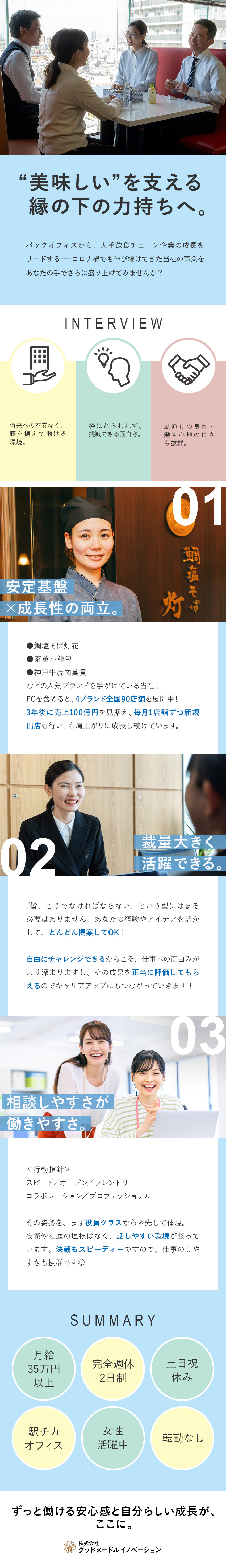 【挑戦環境】バックオフィスから会社を動かすやりがい／【好待遇】月給35万円～／年間休日120日以上／【安定性◎】創業以来黒字経営／受賞歴多数の人気店舗／株式会社グッドヌードルイノベーション